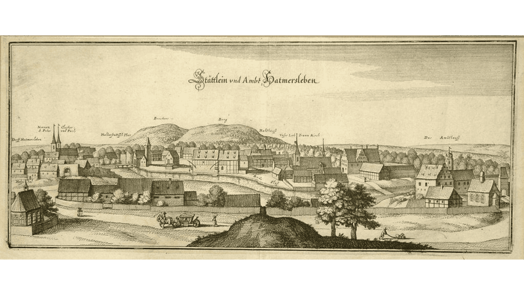 Stadtansicht aus dem 17. Jahrhundert von Hadmersleben mit Blick nach Süden.