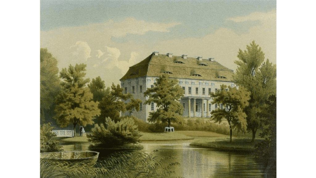 Schloss Dretzel auf einer historischen Abbildung aus dem 19. Jahrhundert.