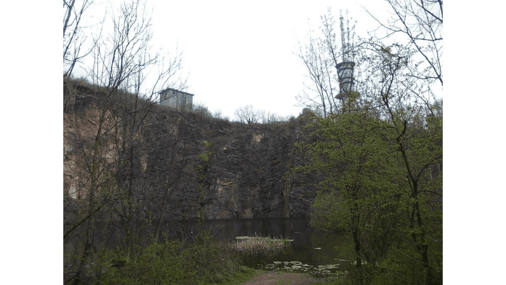 Der Goethebruch, ein ehemaliger Steinbruch für Porphyr. Im Hintergrund ist der Fernmeldeturm zu sehen.