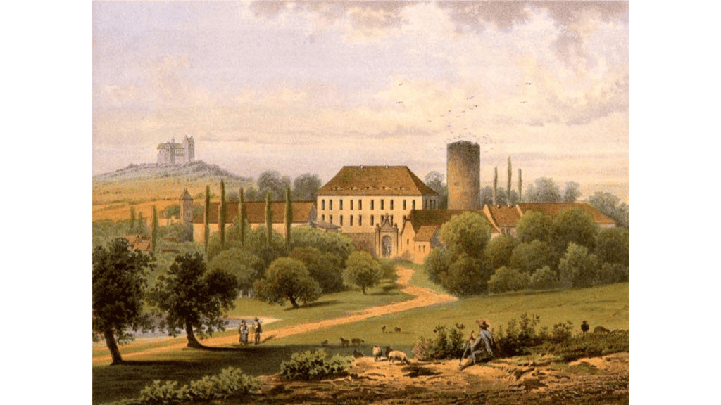 Die Burg Krosigk und im Hintergrund der Petersberg mit Kloster und Stiftskirche Sankt Peter auf einem Gemälde von 1860.