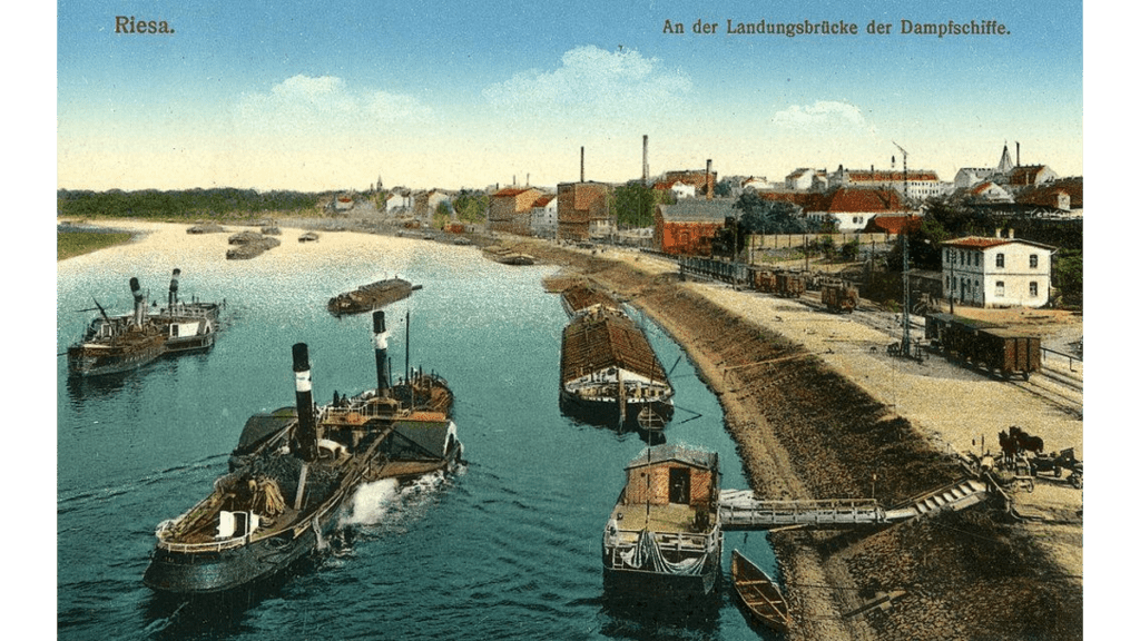 Der alte Hafen von Riesa auf einer Postkarte von 1910.