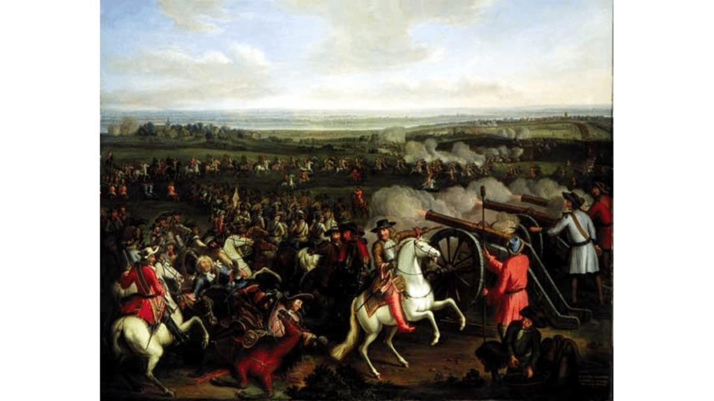 Das Gemälde von 1740 zeigt die Schlacht bei Fehrbellin am Hakenberg.