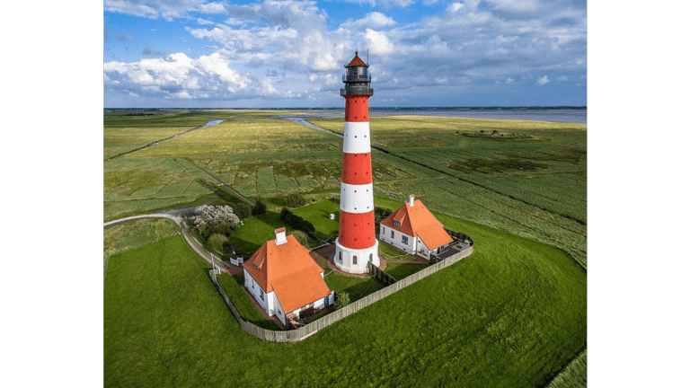 Der 40 Meter hohe Leuchtturm Westerheversand inmitten von Salzwiesen auf der Halbinsel Eiderstedt in Nordfriesland.