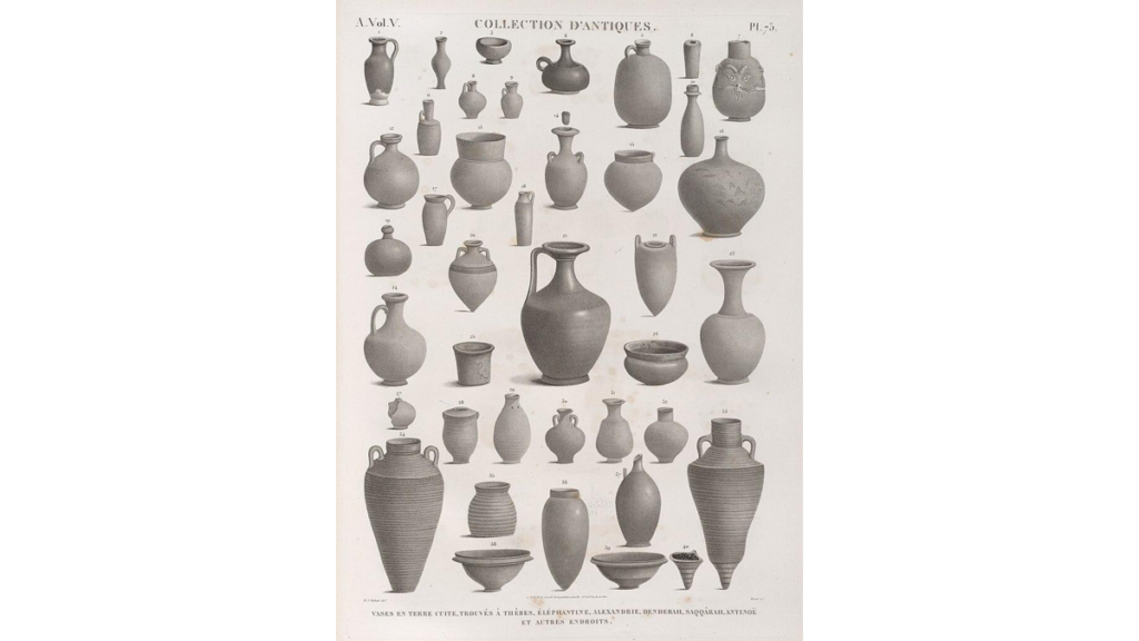Eine historische Abbildung von tönernen Vasen und Gefäßen im alten Ägypten.