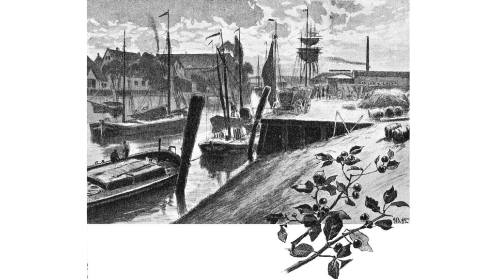 Eine Zeichnung des Hafens von Itzehoe vor etwa 130 Jahren.