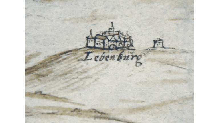 Eine historische Zeichnung von der Liebenburg, damals noch Lebenburg genannt, mit Wehrturm.