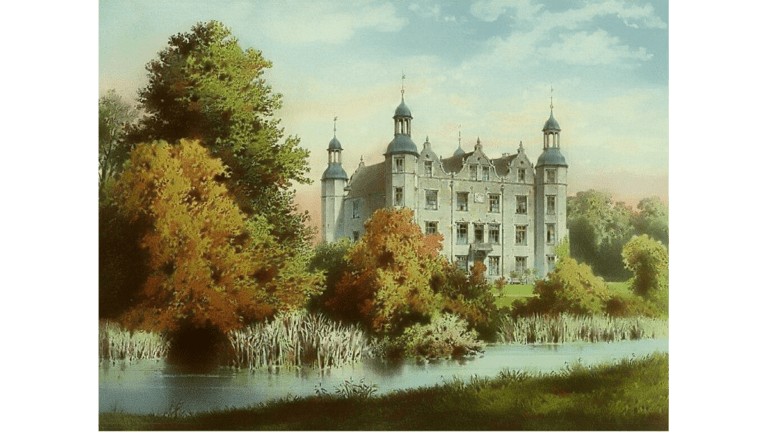 Eine Lithografie von Schloss Ahrensburg aus dem Jahr 1896.